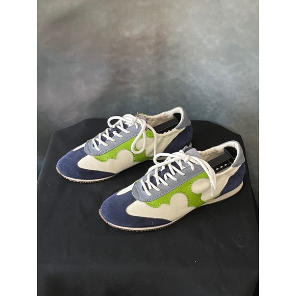 EUC Tory Burch Serif Sneakers Leather Suede Lime Green Navy Blue Gray Size 7.5 - Picture 1 of 11